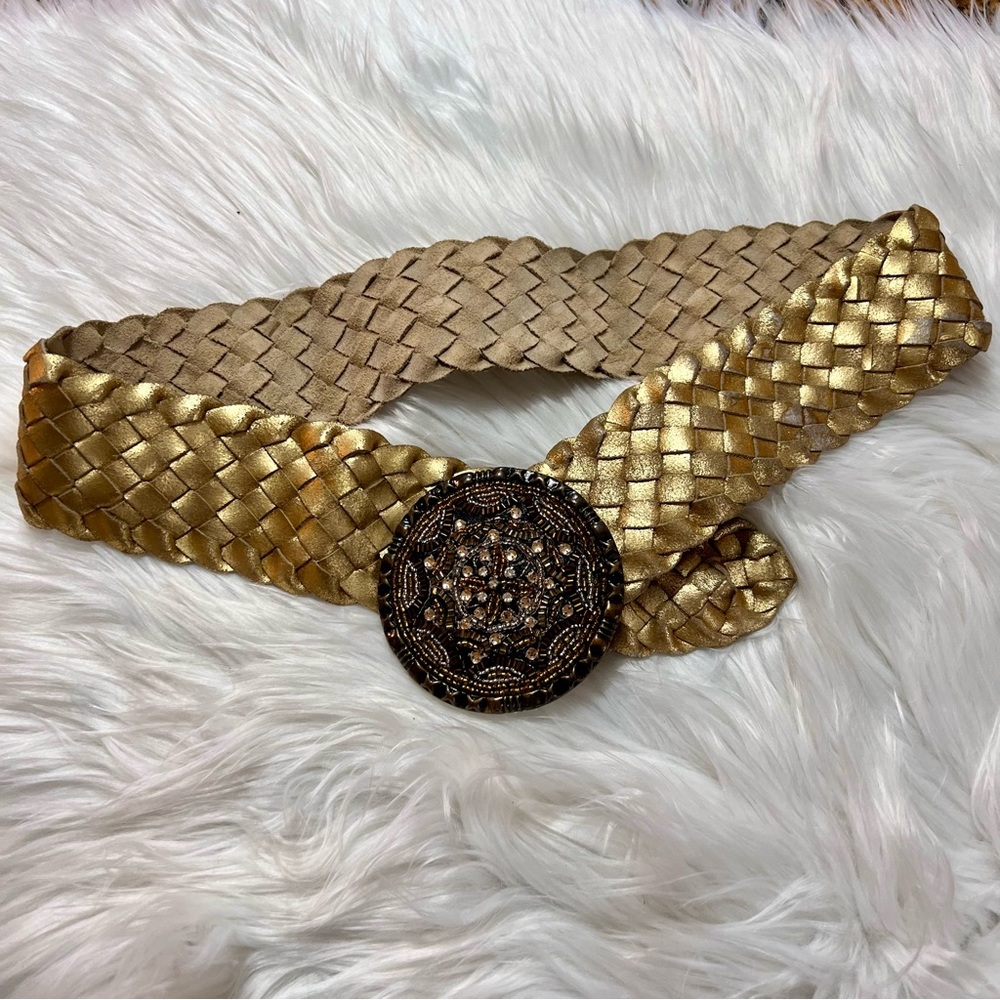 Chico’s Metallic Gold Braided Belt w/ Ornate Buckle